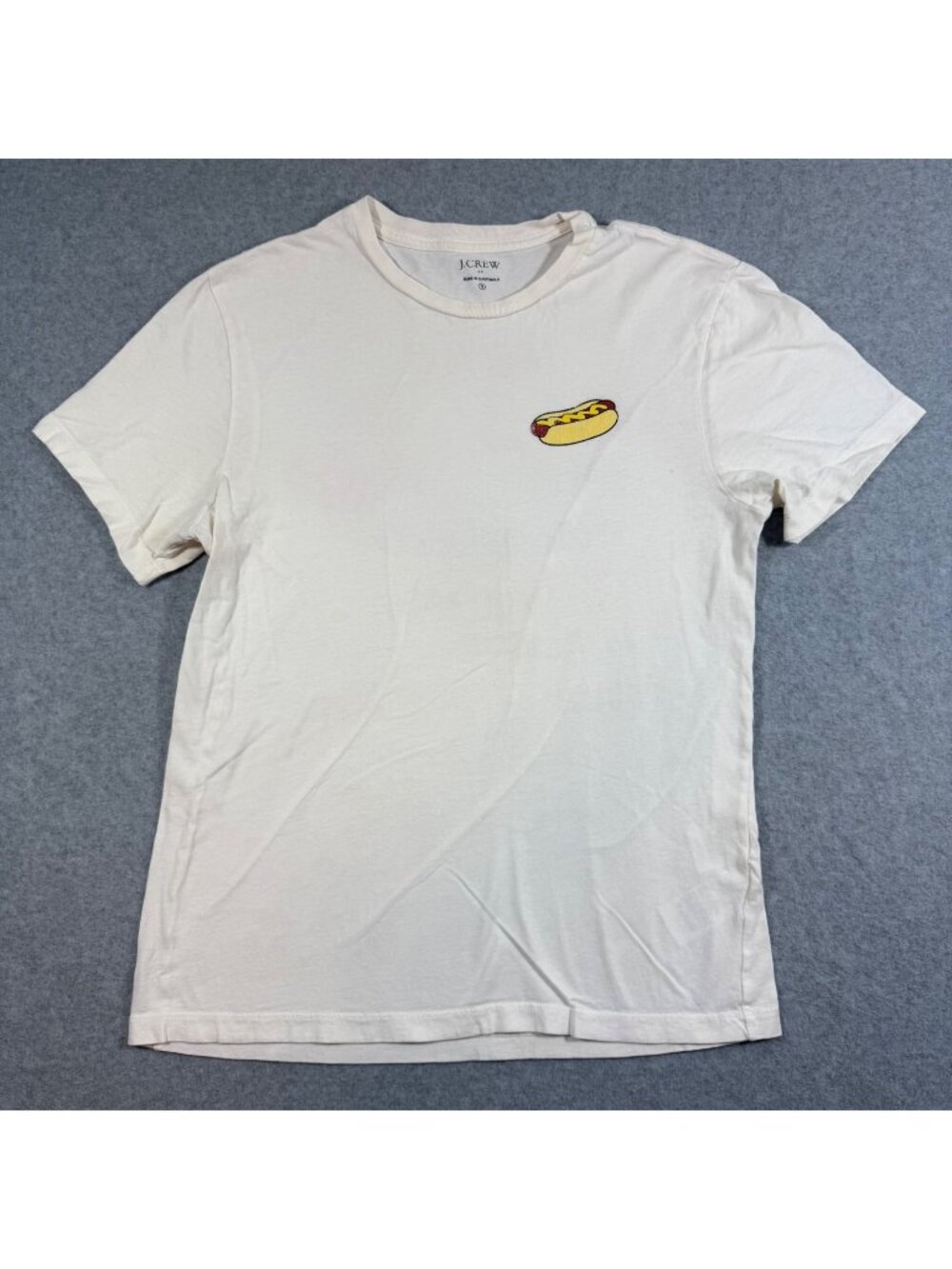 J.Crew Hot Dog Graphic T Shirt Men’s Small White Embroidered Crew Neck Cotton